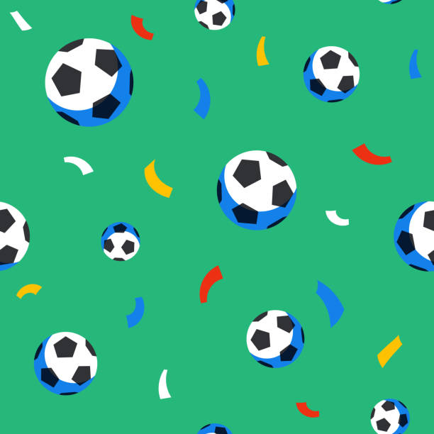 Football players seamless pattern. Sport championship. Soccer players with football ball. Full color background in flat style. Russian football cup Football balls and confetti seamless pattern. Sport championship. Soccer players with football ball. Full color background in flat style. Russian football cup. Vector illustration soccer patterns stock illustrations