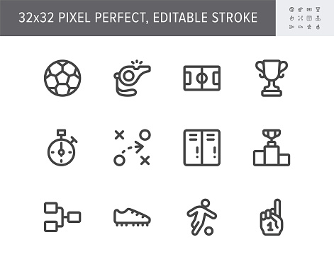 Football sport flat icons. Vector illustration with minimal icon - soccer, scoreboard, stopwatch, referee, field, judge whistle, championship score, fan finger, simple pictogram. 32x32 Pixel Perfect.