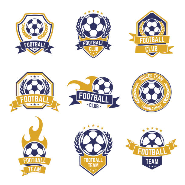 Football team labels. Soccer ball club , sport leagues championship stickers, football competition shield emblems vector isolated icon set Football team labels. Soccer ball club , sport leagues championship stickers, football competition shield emblems vector isolated icon set. Game shield label championship and team soccer league soccer borders stock illustrations