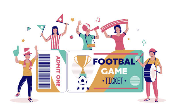 Football tournament tickets vector poster, banner template. Football game ticket and happy people sports fans cheering for their favorite team, vector flat illustration. Soccer championship or football tournament poster, banner template. cartoon of a stadium crowd stock illustrations