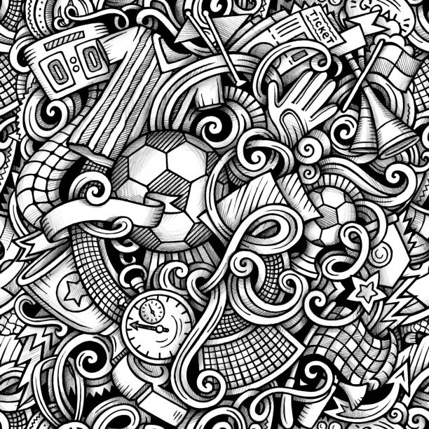 Football vector hand drawn doodles seamless pattern. Graphics background design. Football vector hand drawn doodles seamless pattern. Soccer graphics background design. Sports cartoon trace illustration. black and white football stock illustrations