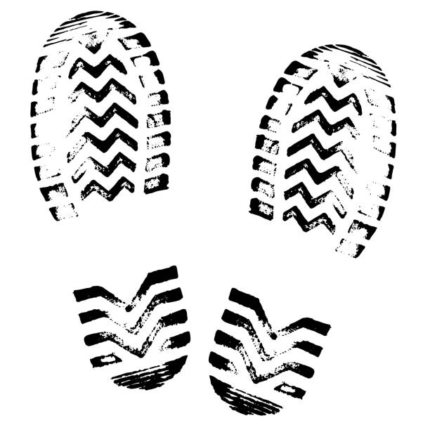 Footprint, silhouette vector. Shoe soles print. Foot print tread, boots, sneakers. Impression icon Footprint, silhouette vector. Shoe soles print. Foot print tread, boots, sneakers. Impression icon printmaking technique stock illustrations