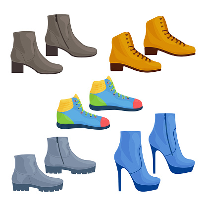 Footwear. A large set consisting of various shoes, such as shoes, sneakers, stiletto shoes. Classic and sports shoes vector illustration.