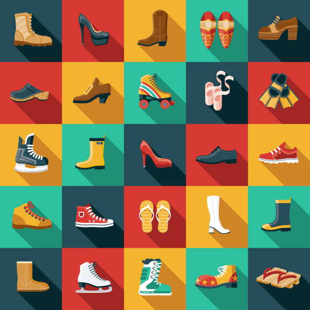 Footwear Flat Design Icon Set A set of icons. File is built in the CMYK color space for optimal printing. Color swatches are global so it’s easy to edit and change the colors. shoe stock illustrations