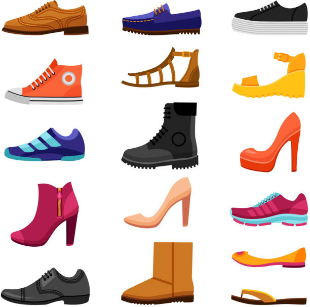footwear set Footwear flat colored icons set of male and female shoes boots sandals for different seasons isolated vector illustration shoe stock illustrations