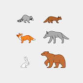 Cartoon forest animal line icon. Cute animals icons set - raccoon, fox, hare, bear, marten, wolf. Childish  print for nursery, kids apparel, poster, postcard, pattern.