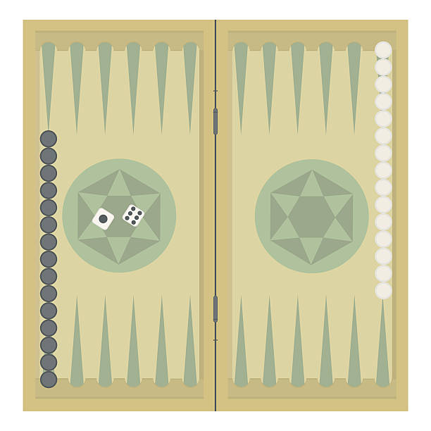 For the Internet Backgammon on the wooden box, two dice and chips. Vector illustration. backgammon stock illustrations