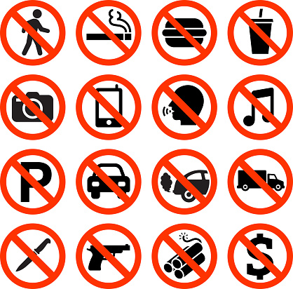 Forbidden Sign interface icon Set. The illustration features black vector icons on white background. App icons are elegant in design and have a modern graphic look and feel. Each icon is silhouetted and can be on it’s own or as part of an icon set.