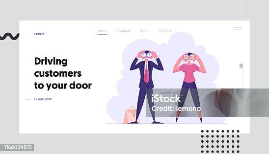istock Forecast, Prediction Website Landing Page, Business Characters Watching to Binoculars, Business Vision, Recruitment Employee, Planning Strategy Web Page. Cartoon Flat Vector Illustration, Banner 1166024512