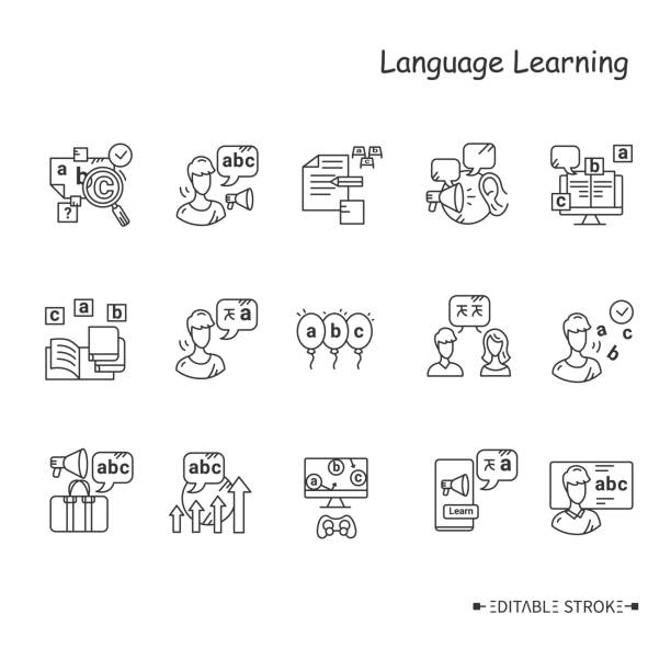 Foreign language learning line icon set. Editable Foreign language learning line icon set. Learning methods, ways and processes. Speaking, listening, spelling, and more. Foreign languages learning . Isolated vector illustrations. Editable stroke linguistics stock illustrations