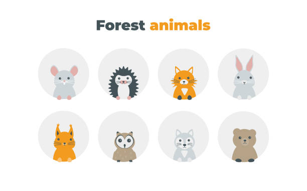 forest animals flat icons Forest animals set in flat style isolated on white background. Cute cartoon wild animals avatars collection: mouse, hedgehog, fox, hare, squirrel, owl, wolf, bear. mouse animal stock illustrations