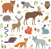 Vector illustration of forest animals: moose, deer, bear, hedgehog, rabbit, squirrel, beaver, wolf, fox, raccoon, owl, grass snake, isolated on transparent background.