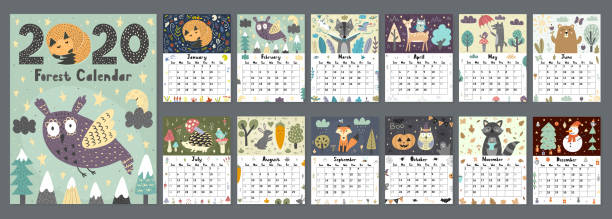 Forest calendar for 2020 year. Printable planner of 12 months Forest calendar for 2020 year. Printable planner of 12 months with cute animals. Week starts on Sunday, 8,5x11 inches size. Vector illustration january stock illustrations
