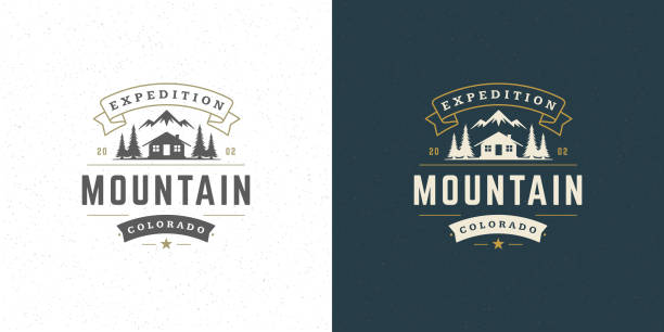 Forest camping logo emblem vector summer camping illustration mountains with cabin and pine trees silhouettes Forest camping logo emblem vector summer camping illustration mountains with cabin and pine trees silhouettes for shirt or print stamp. Vintage typography badge design. summer silhouettes stock illustrations
