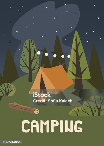 istock Forest camping tent poster. Print for banner, paper, wall art. 1348943854