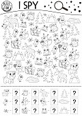 Forest I spy black and white game for kids. Searching and counting outline activity or coloring page with woodland animals and nature elements. Funny printable worksheet for kids with birds, insects.