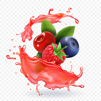 Forest Mixed berries juice Splash. 3d realistic vector