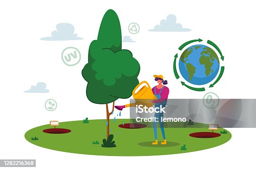 istock Forest Restoration, Reforestation and Planting New Trees. Woman Volunteer Character Care of Green Plant, Save Nature 1282216368