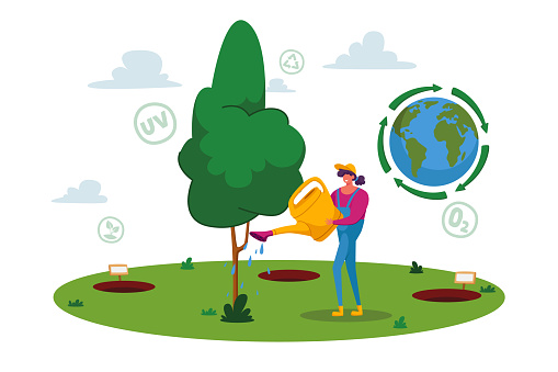 Forest Restoration, Reforestation and Planting New Trees Concept. Woman Volunteer Character Care of Green Plant Watering from Can, Save Nature, Environment Protection. Cartoon Vector Illustration