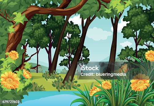 istock Forest scene with trees and pond 679727602