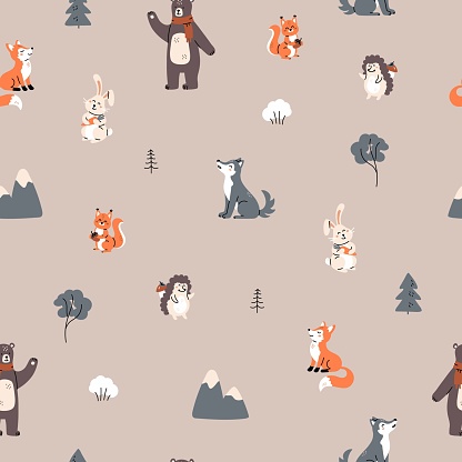 Forest seamless pattern with animals - fox, bear, rabbit, hedgehog, wolf and squirrel. Cute animals seamless pattern. Vector  background in scandinavian style