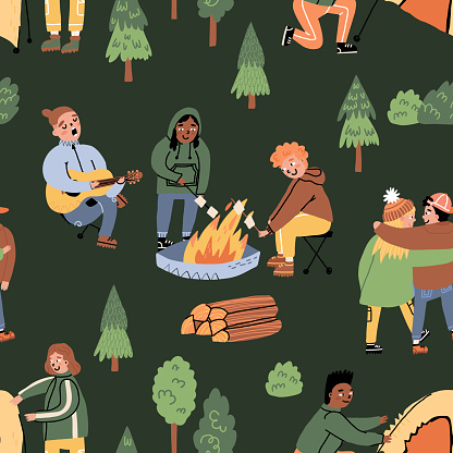 Forest time, outdoor pastime with friends seamless pattern. Bunch of young people walking in woods, putting up a tent in the camping, plays guitar, singing, fries marshmallow on fire.