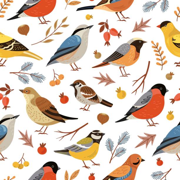 Forest winter birds pattern. Forest animal background, flat snowy tree branches. Holiday bullfinch leaves berries, wildlife vector texture Forest winter birds pattern. Forest animal background, flat snowy tree branches. Holiday bullfinch leaves berries, wildlife vector texture. Seasonal drawing pattern, wild winter birds illustration bird designs stock illustrations