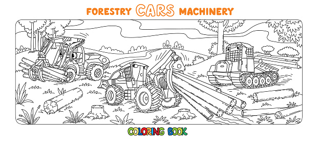 Forestry machinery cars with eyes coloring book