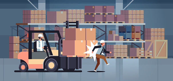 forklift driver hitting colleague factory accident concept warehouse logistic transport driver dangerous injured worker storehouse room interior horizontal