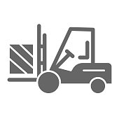 Forklift truck delivery solid icon, logistics symbol, Cargo packaging transportation vector sign on white background, Lift truck with box icon in glyph style for mobile and web. Vector