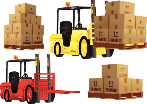 Forklift trucks in red and yellow plus pallets