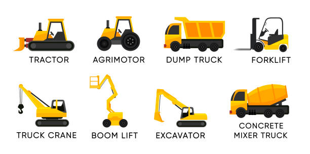 ilustrações de stock, clip art, desenhos animados e ícones de forklift with boom lift and others trucks - auto crane, cut out