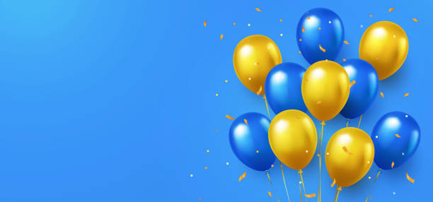 formale gruß-design in nationalen blauen und gelben farben mit realistischfliegenden helium ballons. - ukraine stock-grafiken, -clipart, -cartoons und -symbole