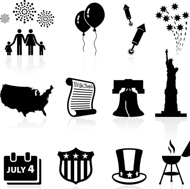 Forth of July Independence day celebration vector icon set Independence Day, Fourth of July or July Fourth, is a US holiday commemorating the adoption of the Declaration of Independence on July 4, 1776. This vector icon set features 12 July 4th icons including fireworks, US map, Liberty bell, statue of liberty, declaration of independence and July fourth barbecue party icon. declaration of independence stock illustrations