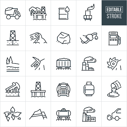 A set of fossil fuel icons that include editable strokes or outlines using the EPS vector file. The icons include a dump truck full of coal, offshore oil rig, barrel of crude oil, oil refinery, oil rig, coal, coal mining, gas pump, fuel pump, coal mine, oil well, pump jack, energy sources, carbon, natural gas, propane, oil drilling, oil industry, oil field, non-renewable resource, non-renewable energy and other related icons.