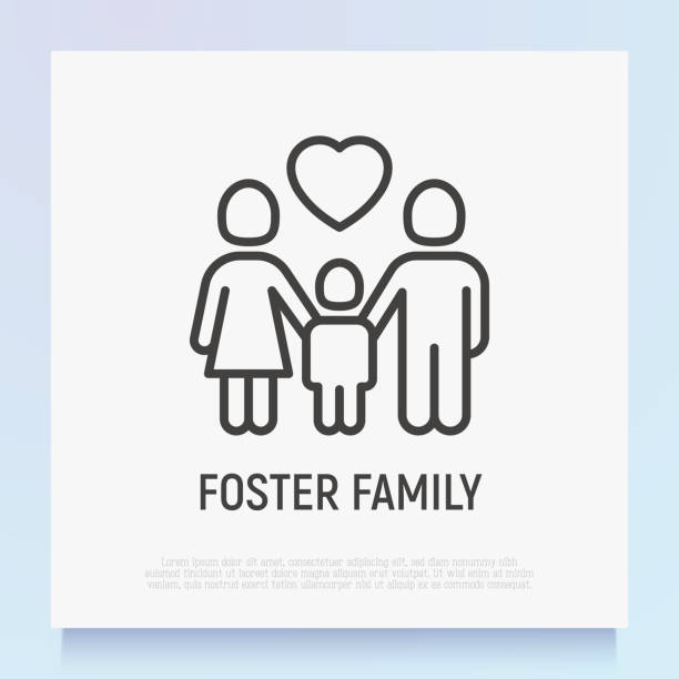 ilustrações de stock, clip art, desenhos animados e ícones de foster family thin line icon: silhouettes of mother, father and child with heart above. modern vector illustration, logo for adoption company. - foster kids