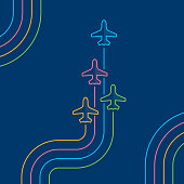 Business travel concept. Four airplanes leave color parallel traces. Directly above view to single line airplanes on navy blue background. Outline stroke 2px.
