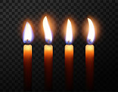 Four burning candles on a checkered background, the effect of transparency. High detailed realistic illustration