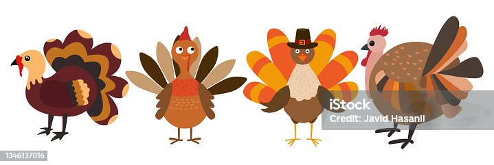 istock Four cartoon thanksgiving turkeys in a pilgrim hats on white background 1346137016