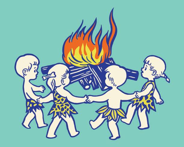 ilustrações de stock, clip art, desenhos animados e ícones de four children playing around a bonfire - fire caveman