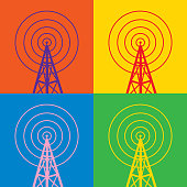 Vector illustration of four colorful radio tower icons.