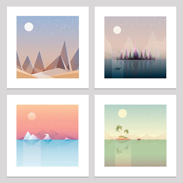 stockillustraties, clipart, cartoons en iconen met four contemporary minimalistic landscape print wallpaper designs- low polygon style - ice swimming