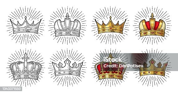 istock Four different king crowns. Engraving vintage vector black illustration. 1343371550