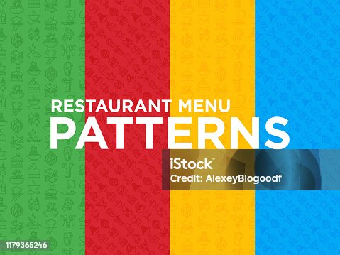 istock Four different restaurant menu seamless patterns with thin line icons: starters, chef dish, BBQ, soup, beef, steak, beverage, fish, salad, pizza, wine, seafood, burger. Modern vector illustration. 1179365246