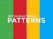 Four different restaurant menu seamless patterns with thin line icons: starters, chef dish, BBQ, soup, beef, steak, beverage, fish, salad, pizza, wine, seafood, burger. Modern vector illustration.