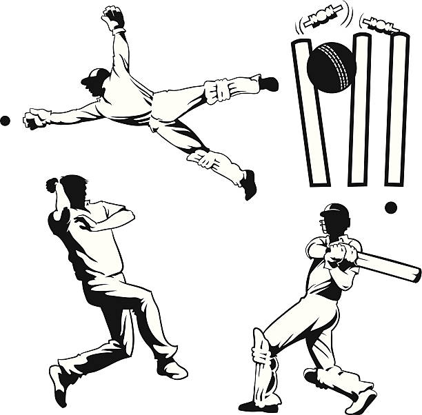 illustrazioni stock, clip art, cartoni animati e icone di tendenza di quattro disegni di giocatori di cricket - pioli