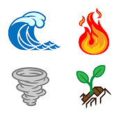 A four elements icon set. Icons each represent a classical element. Earth, water, air and fire.