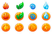 Four elements nature icons, golden round symbols set. Wind, fire, water, earth symbol. Objects on a separate layer