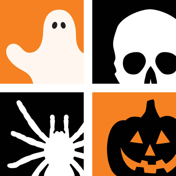 Vector illustration of four halloween icons. A ghost, skull, spider and jack o lantern.