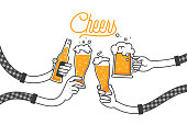 istock Four hands holding four beer bottles. Clinking glasses in plaid shirt. Party celebration in a pub. Isolated vector illustration of four drunk person drinking beer on white background. Cheers mate 947166452